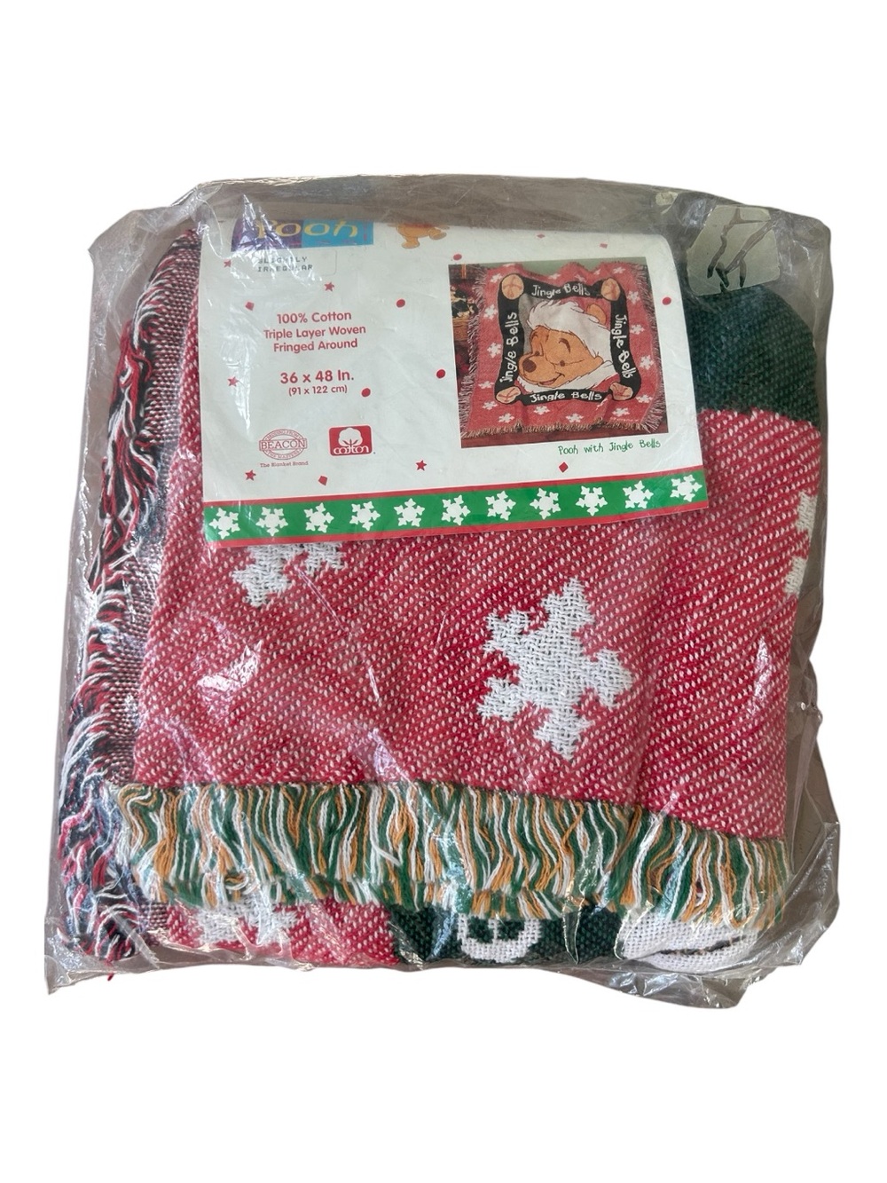 VTG NEW Winnie the Pooh Christmas Jacquard Baby Blanket 36x48" Cotton Fringe 90s